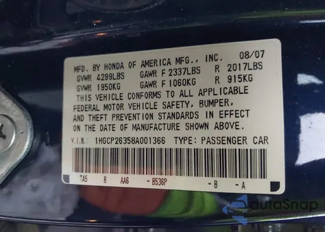 2008 Honda Accord 2.4 Lx z USA, uszkodzony, nr VIN 1HGCP26358A001366